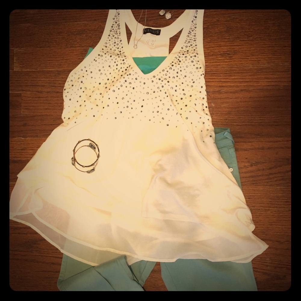 Venus White Layered & Beaded Sleeveless Top