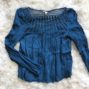 Long Sleeve Blue Blouse Cutout Detailing