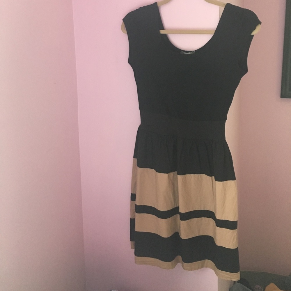 Black and Tan striped fit and flare dress