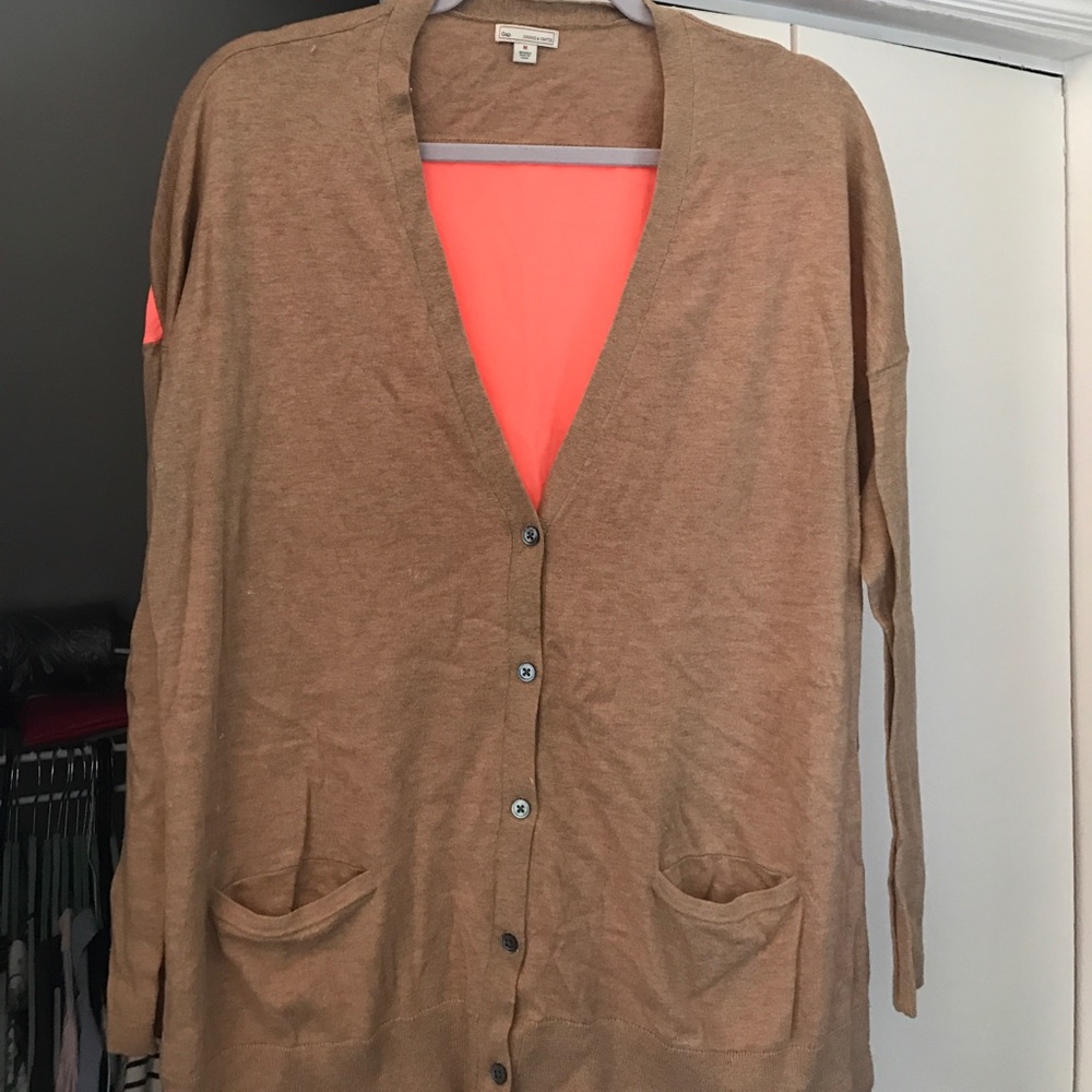 Camel color cardigan with neon back