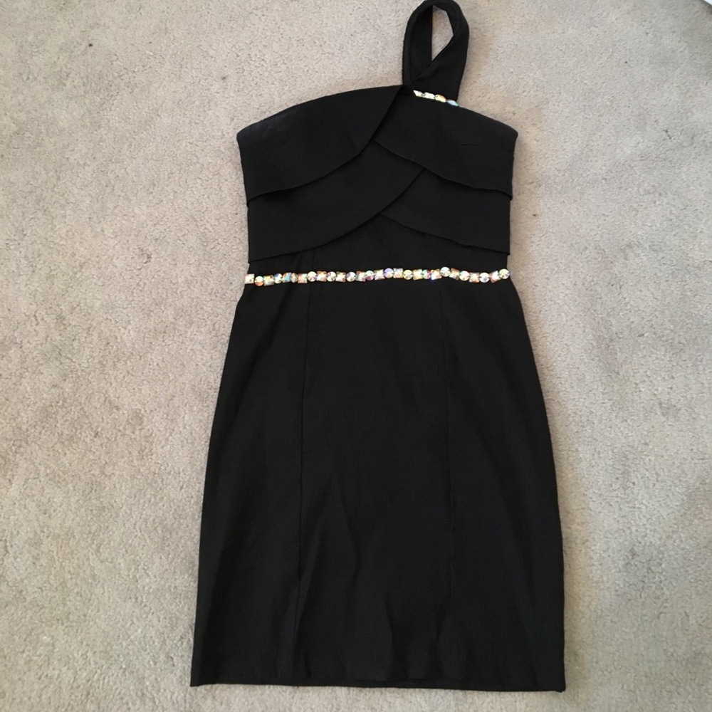 Black cocktail dress handstitched rhinestones.