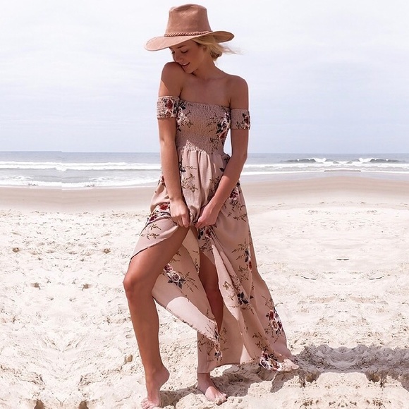 Off Shoulder Floral Wrap High Low Maxi Dress Beige - Picture 2 of 6