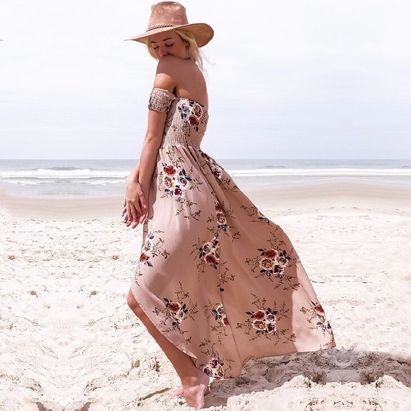Off Shoulder Floral Wrap High Low Maxi Dress Beige - Picture 3 of 6