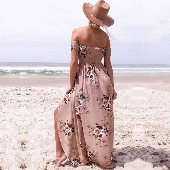 Off Shoulder Floral Wrap High Low Maxi Dress Beige - Picture 4 of 6
