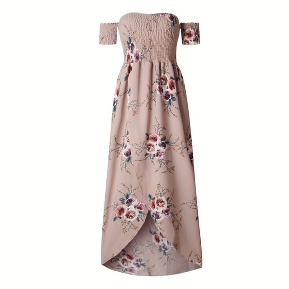 Off Shoulder Floral Wrap High Low Maxi Dress Beige - Picture 5 of 6