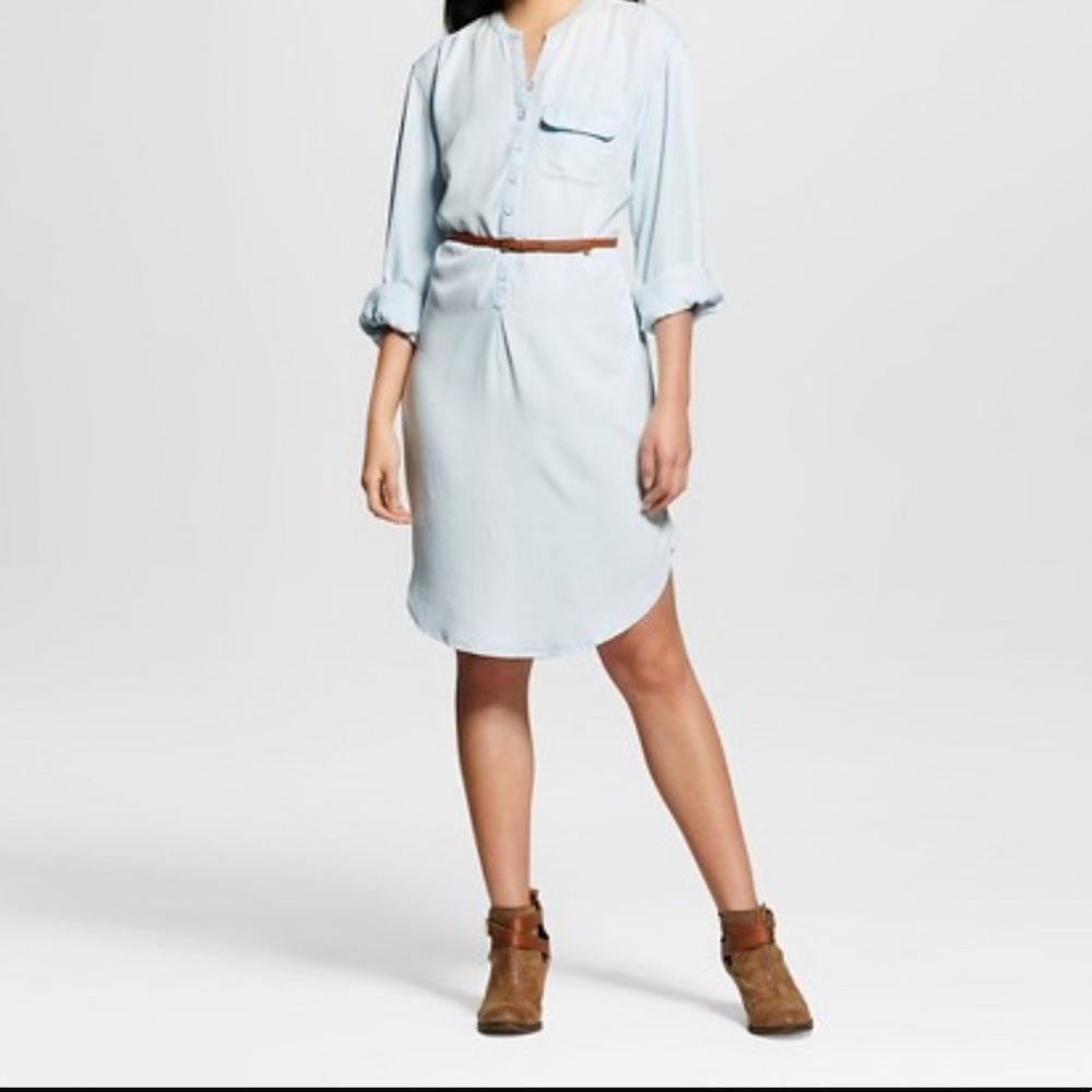 Merona denim shirt dress with brown leather belt