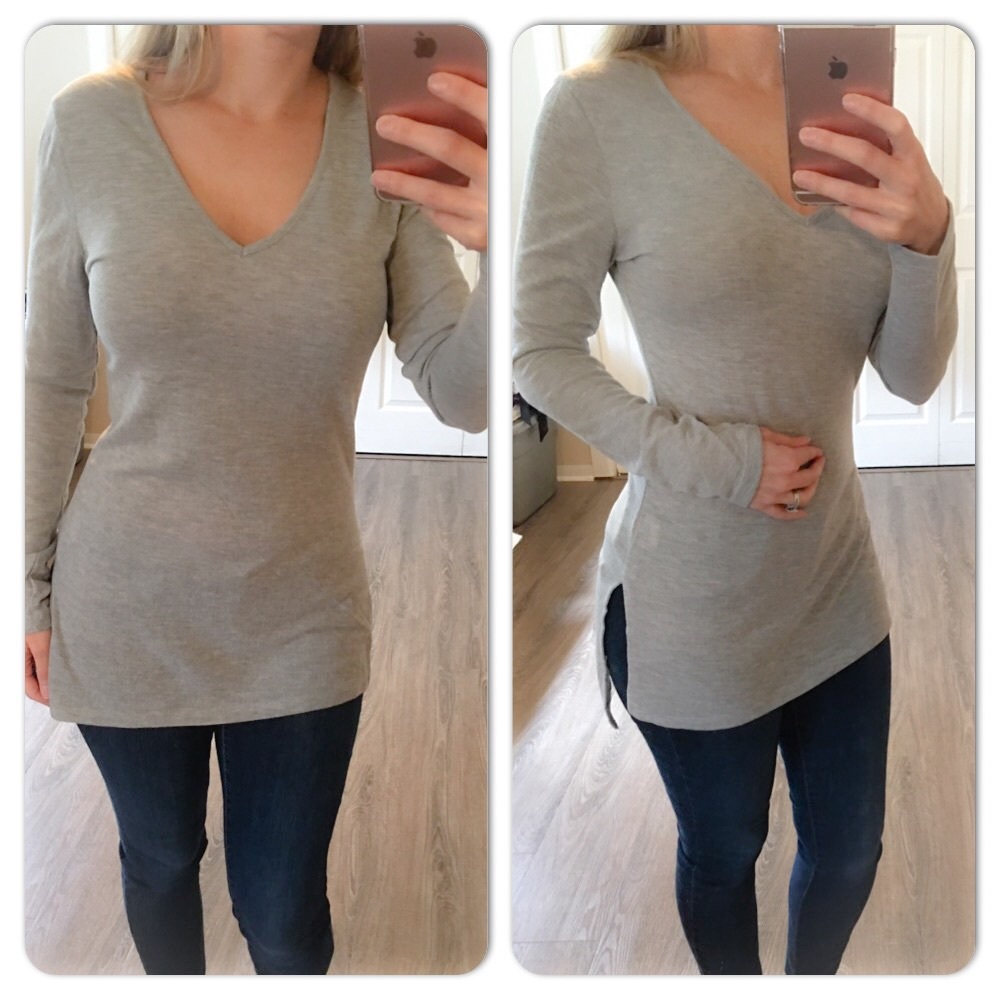 Gray Long Sleeve V-neck Top Split Sides Tunic