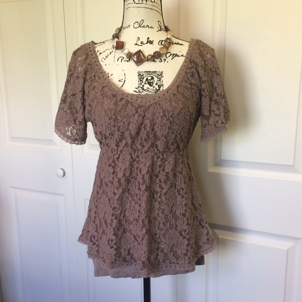 Women's Mocha Colored Lace Blouse Size Large