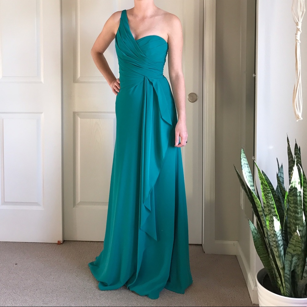 Green one shoulder ruched bridesmaid dress