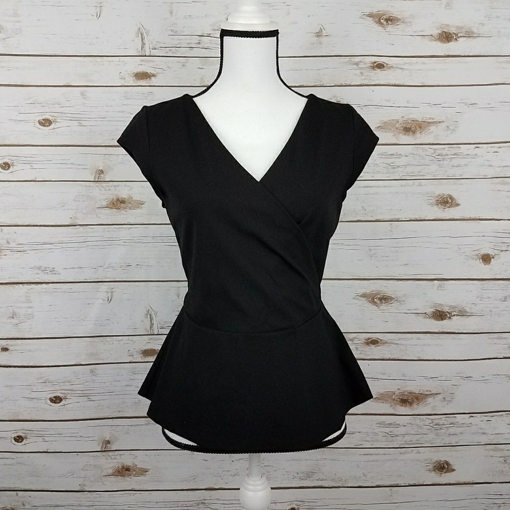 {Limited} Black Faux Wrap Front Peplum Top-Medium