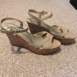 GUESS nude leather and cork wedges
