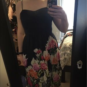 Beautiful navy silk dress with floral skirt!