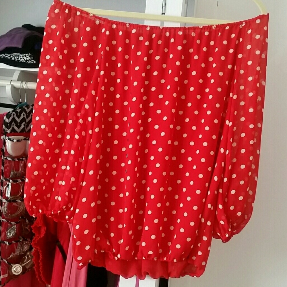 Off the shoulder red/white polka dot blouse