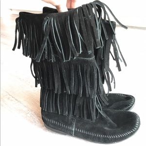Minnetonka Black Fringe Boots