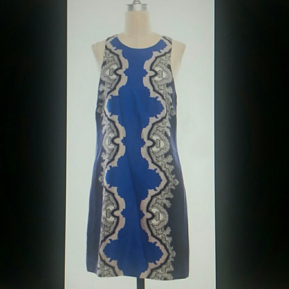 Tibi blue white silk ornate sleeveless shift dress