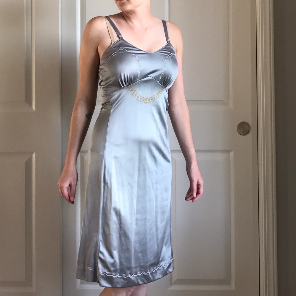 Steely blue silky slip dress with screen printing