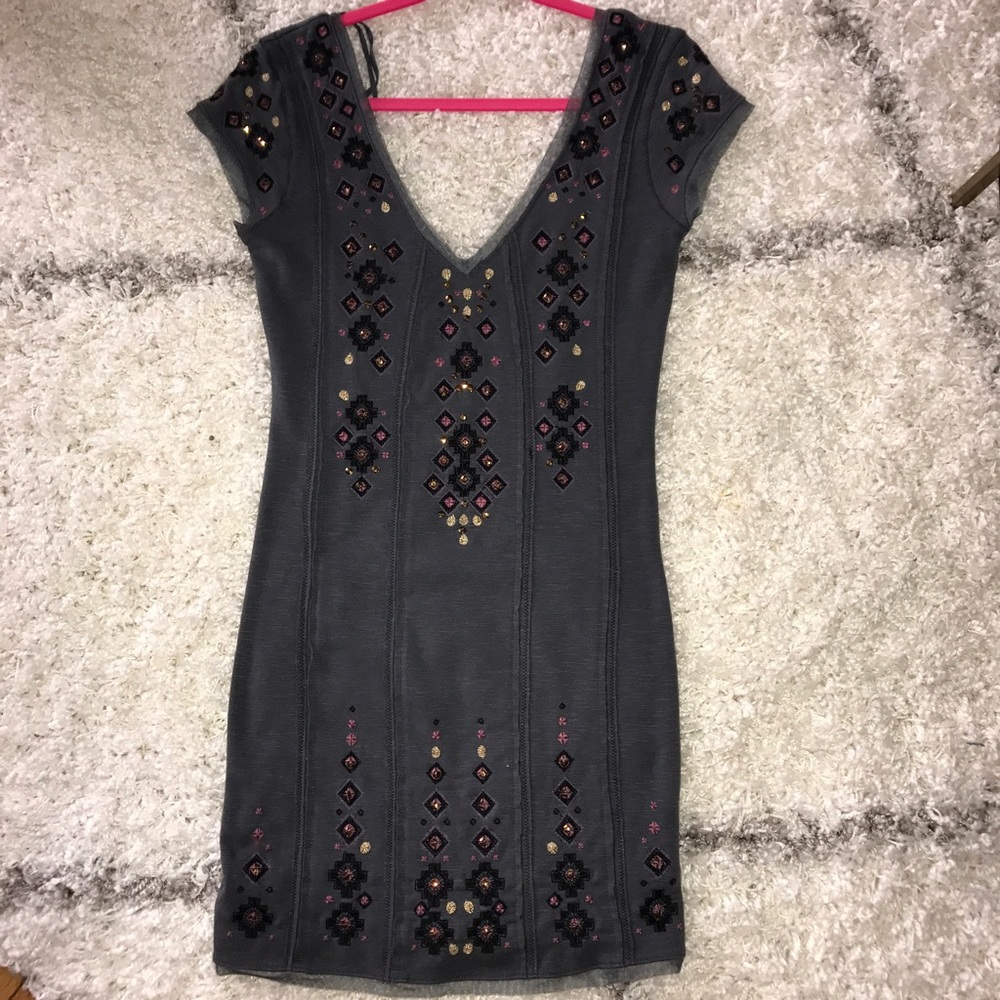 Free People V Neck/Back Embroidered Dress