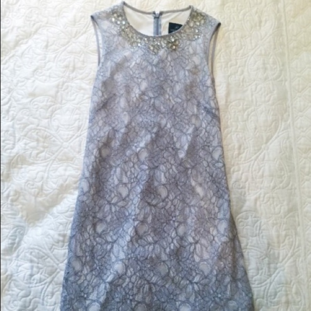 Beautiful grey lace dress with jewel neckline