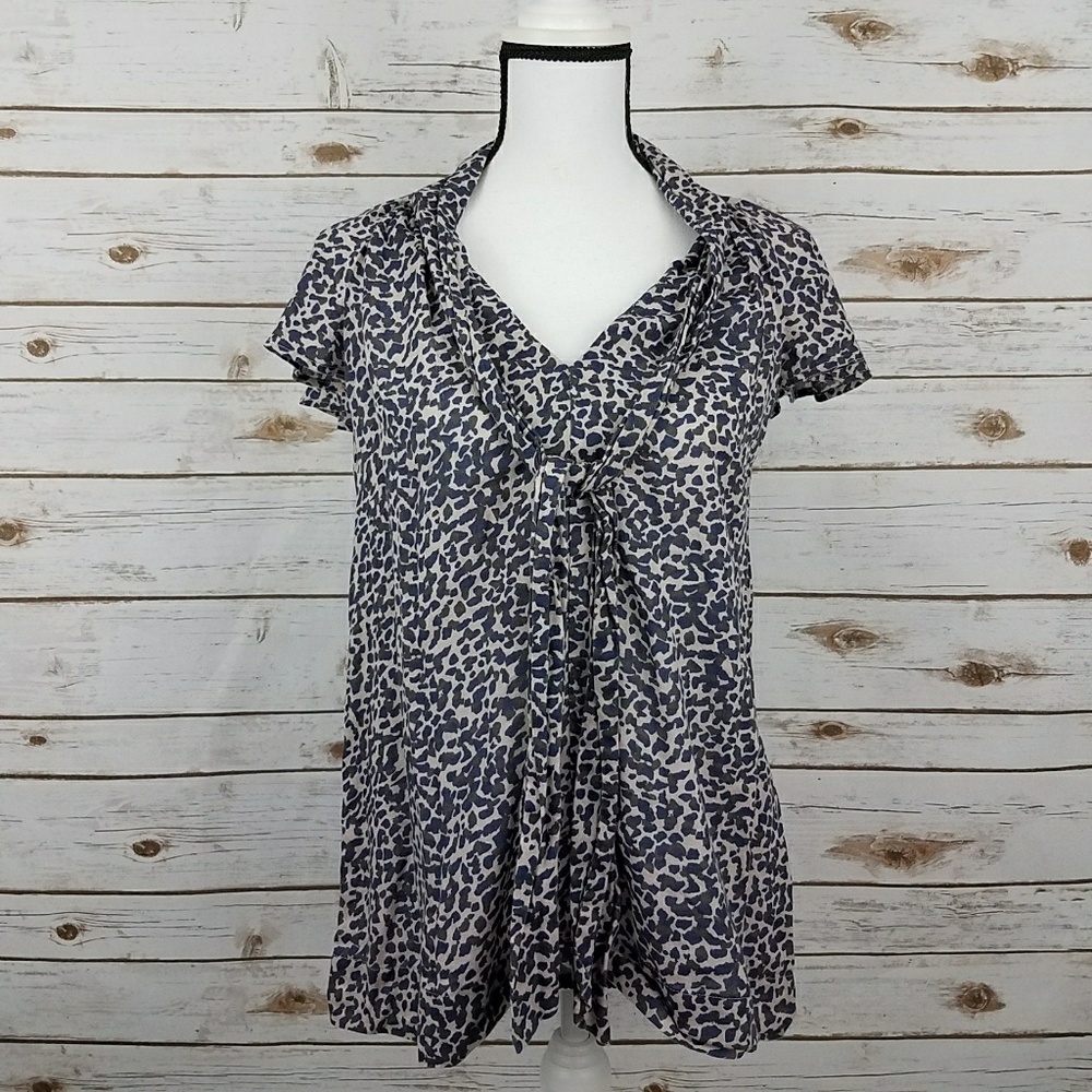 {French Connection} Taupe/Blue Print Blouse-Small