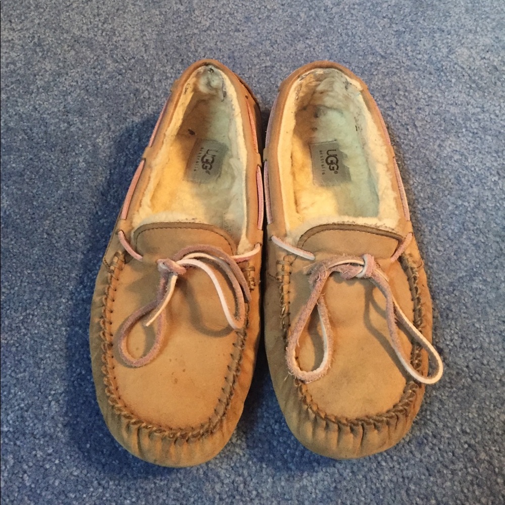 Light brown and pink UGG moccasins