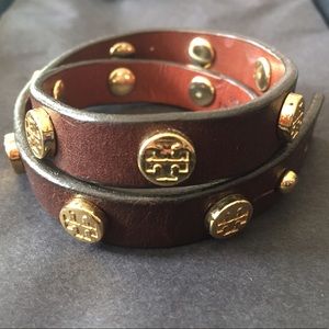Tory Burch Leather Logo-Stud Double Wrap Bracelet