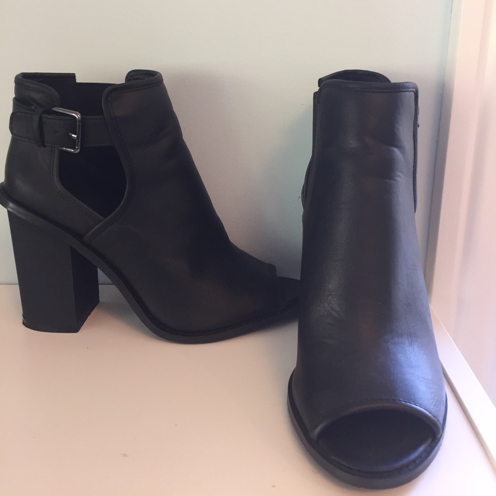 Faux leather peep toe bootie heels