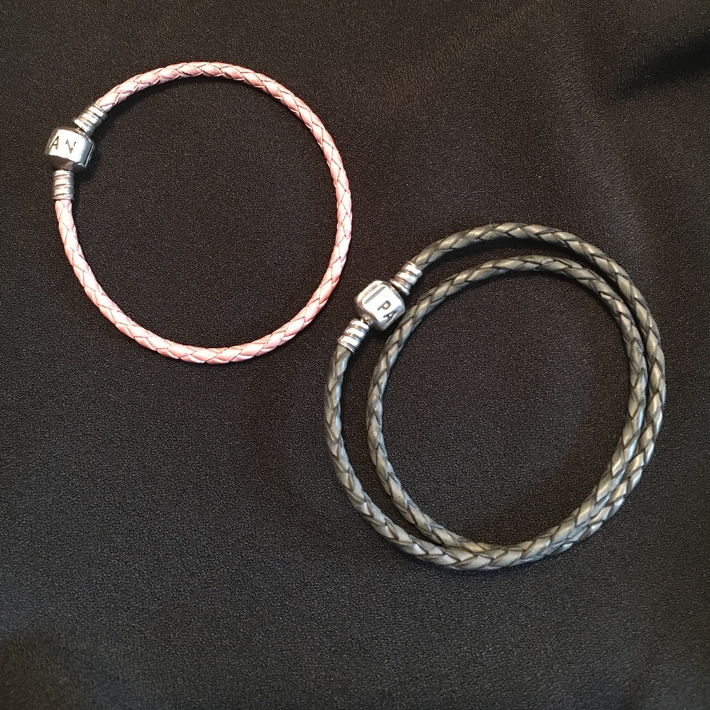 Pandora gray leather bracelet, pink bracelet free!