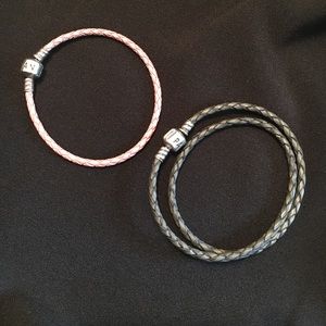 Pandora gray leather bracelet, pink bracelet free!
