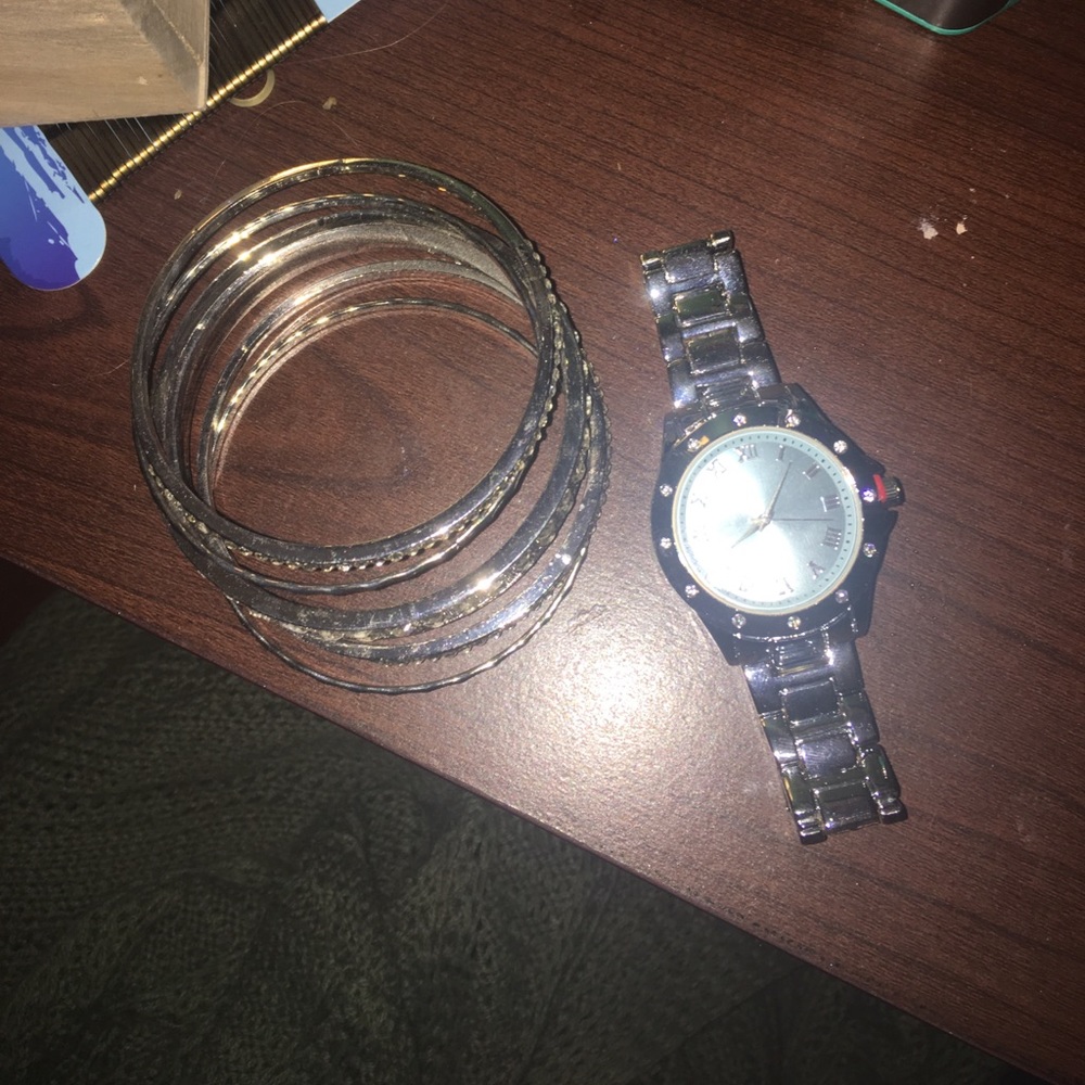 Silver and blue watch, silver bracelet bundle