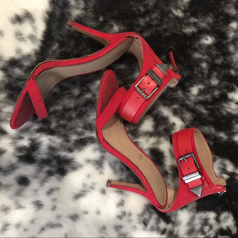 Zara Red Heeled Zip Up Buckle Sandals, size 6.5/37