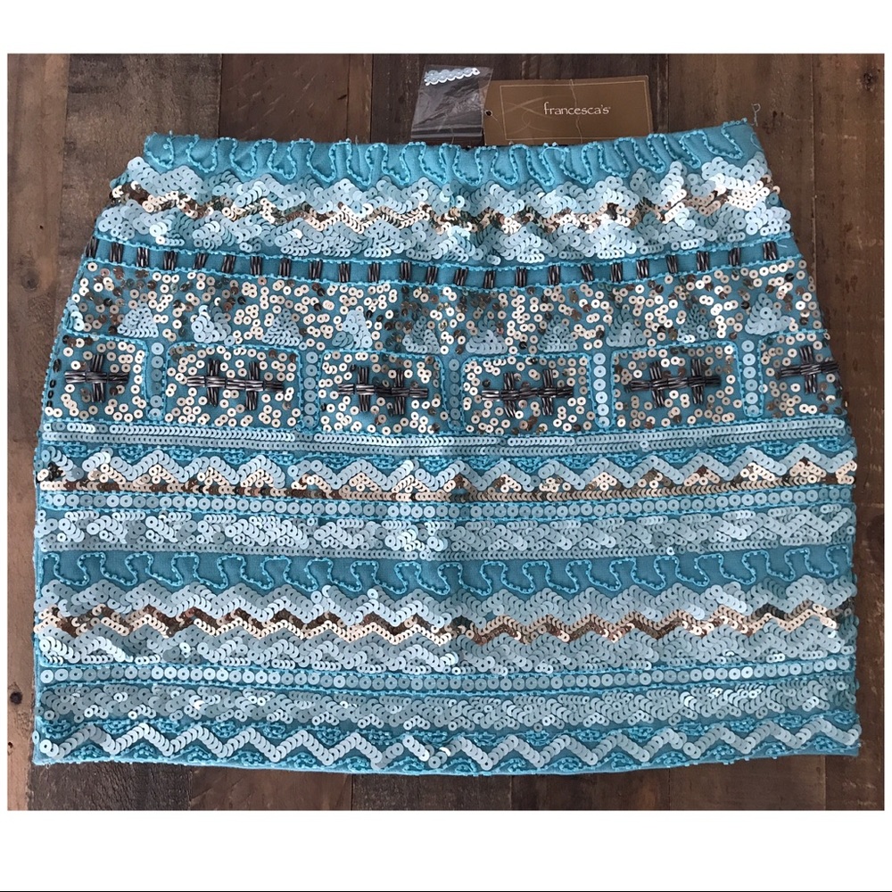 Francesca's Blue Tribal Bead and Sequins Skirt
