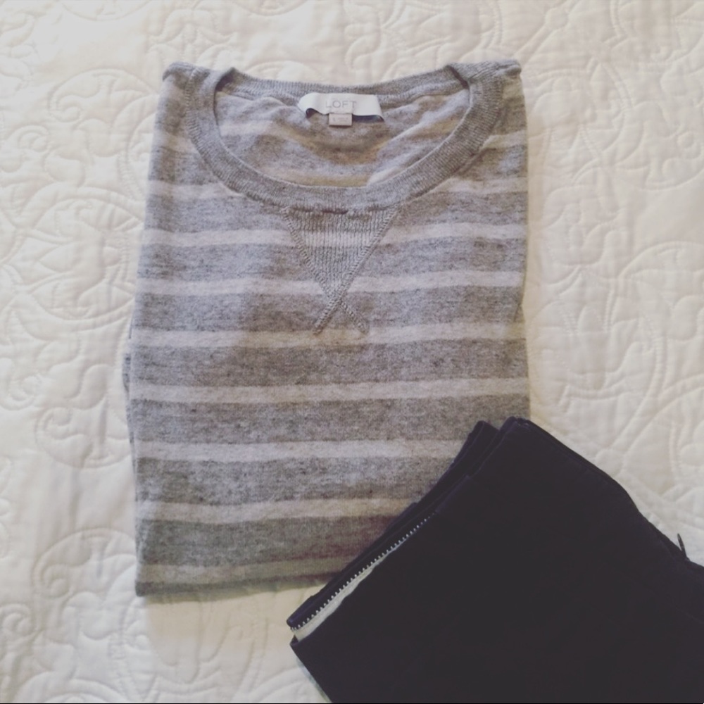 Grey & white striped long sleeve sweater