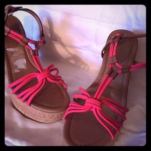 Neon Pink And Cork Coach Wedges