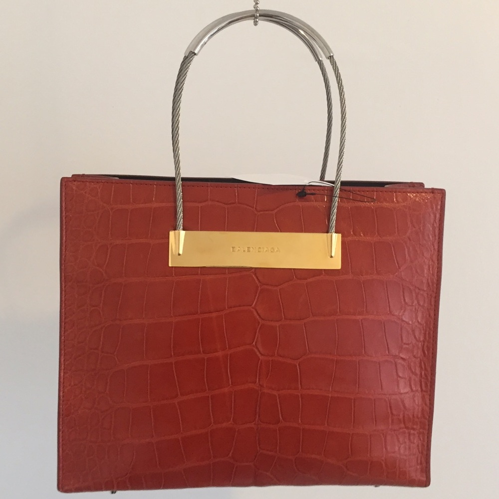 Orange Balenciaga Alligator Small Cable Shopper