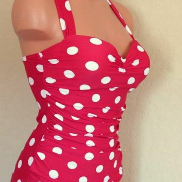 Pin Up Rockabilly One Piece Swimsuit Red Polka Dot - Picture 2 of 5