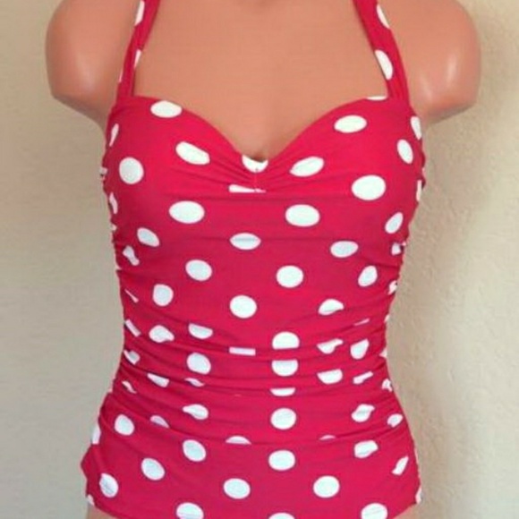 Pin Up Rockabilly One Piece Swimsuit Red Polka Dot - Picture 3 of 5