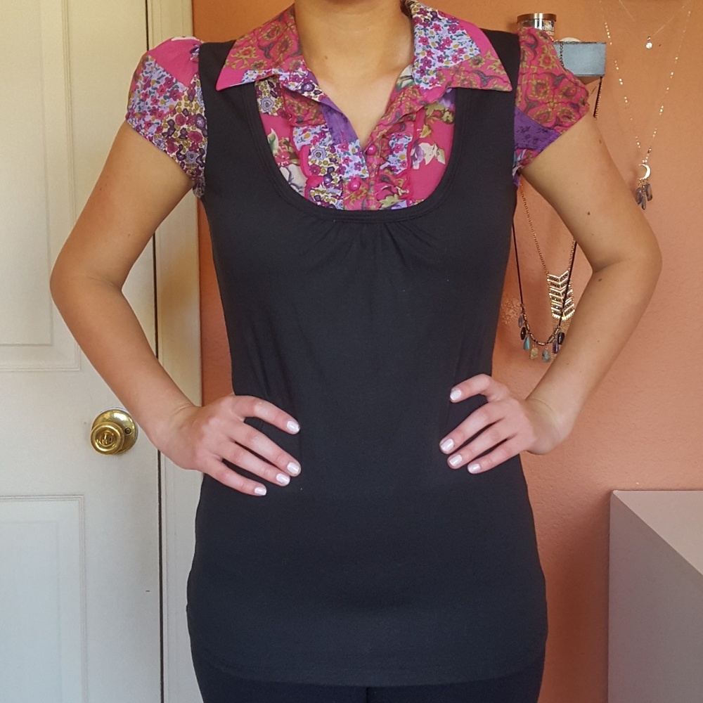 black blouse with collared pink flower print