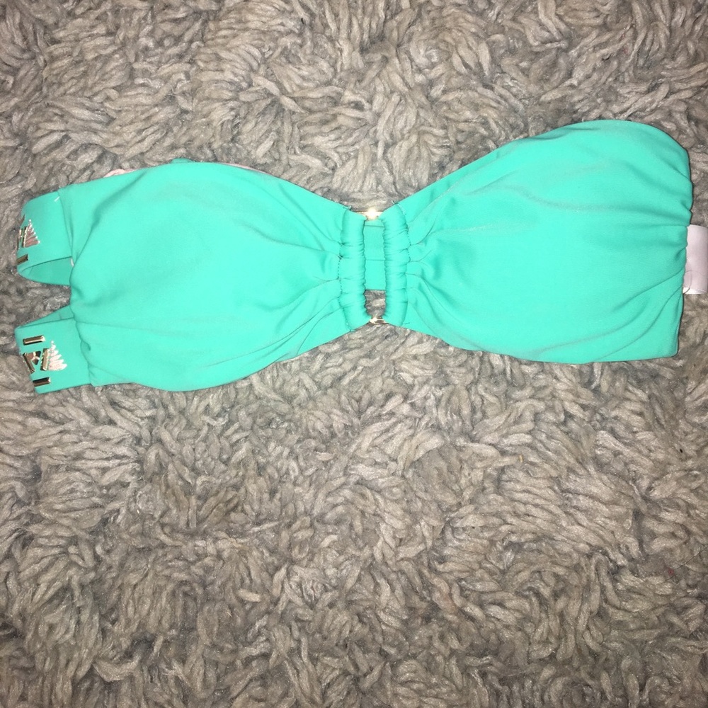 Turquoise & Baby Pink Strapless swimsuit top.