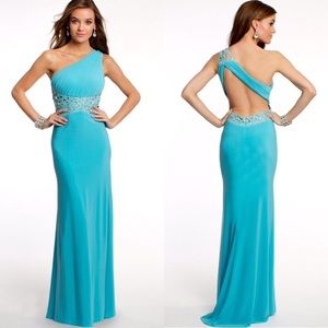 One shoulder open back blue dress