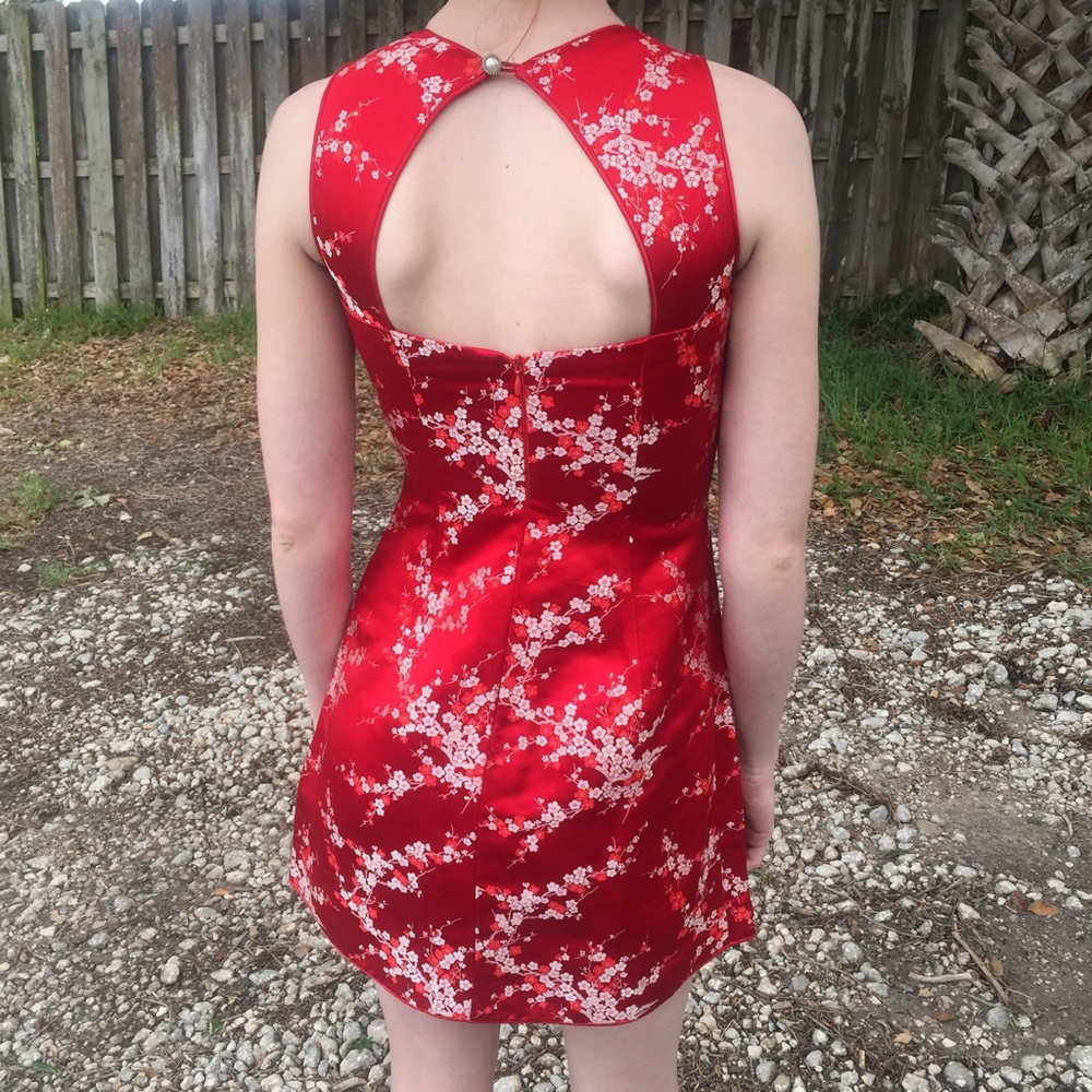 90's Chinese red silk mini dress with cut out back