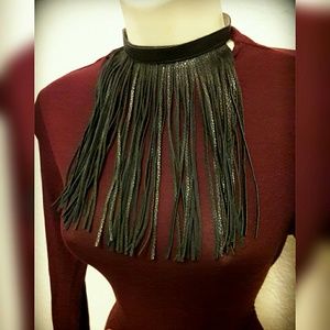 Black Faux Leather Fringe Statement Choker Necklac