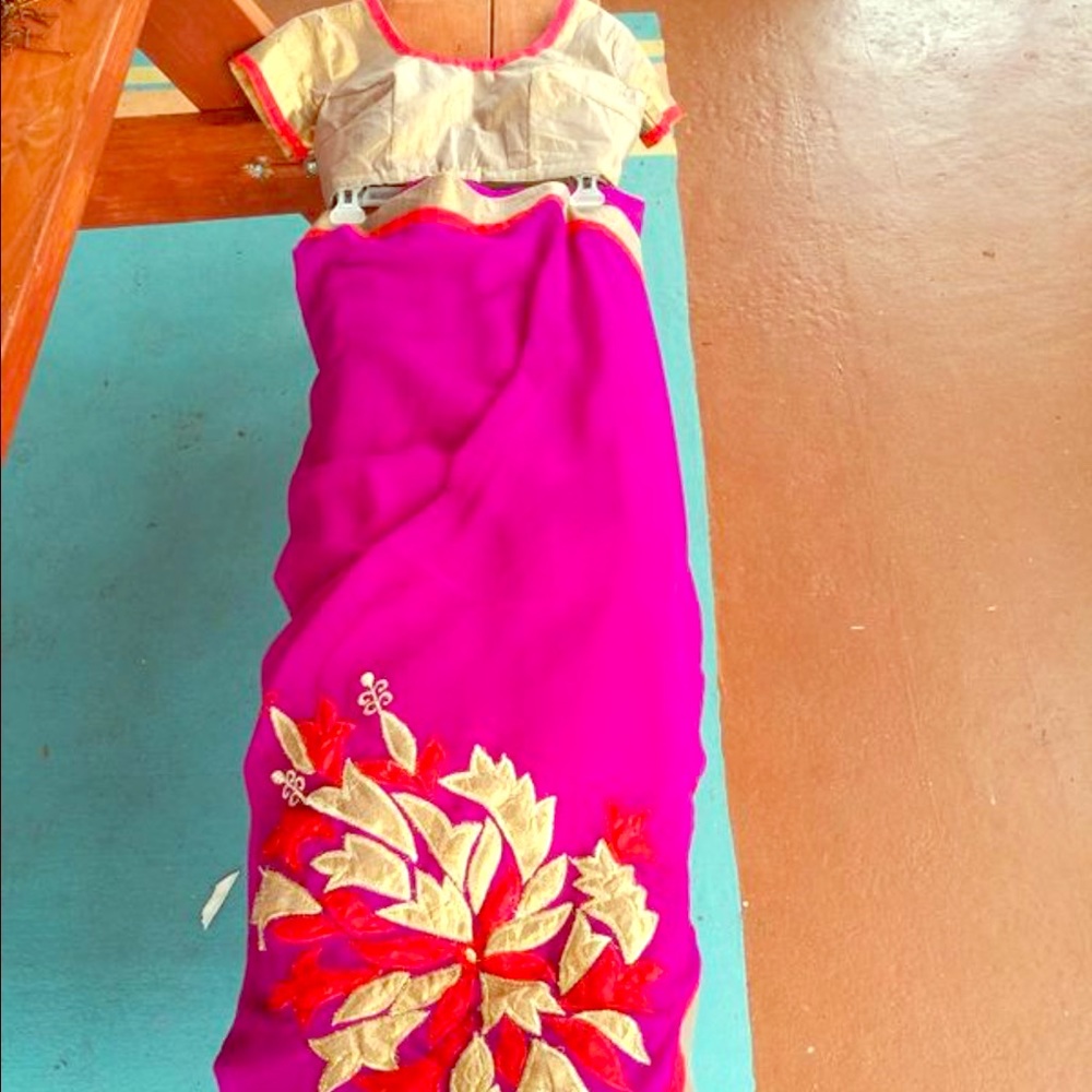 indian Saree Pink and Gold ( stitched with blouse)