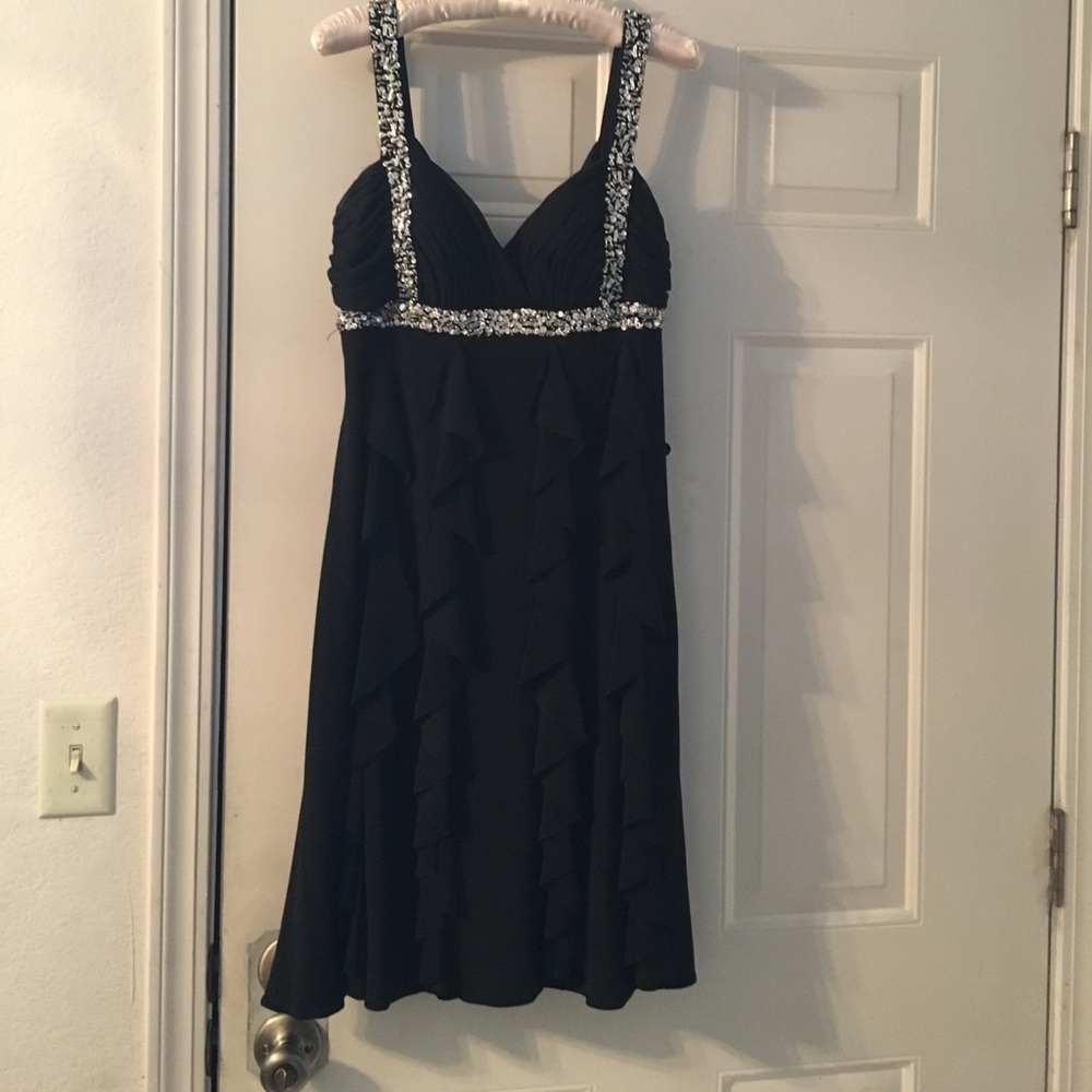 Black beaded knee length prom dress