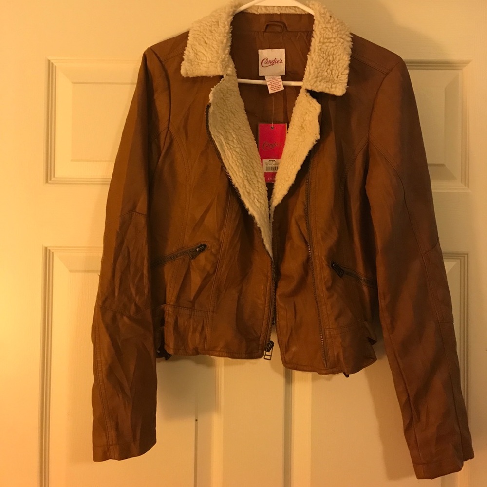 Tan Pleather Bomber Jacket with Sherpa Lining