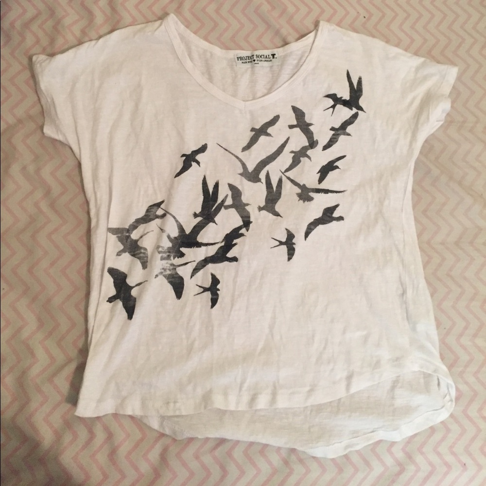 White graphic tee with birds
