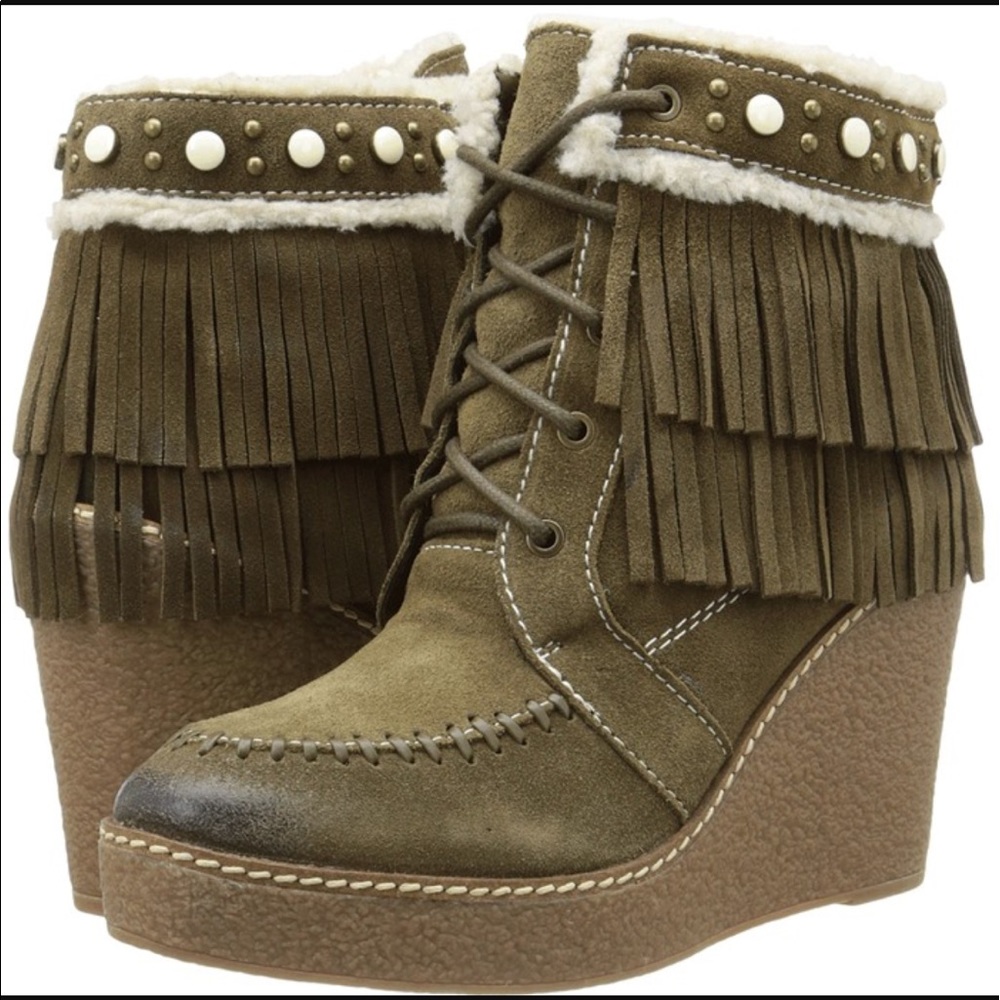 Sam Edelman Fringe Suede Wedge Boot (Moss)