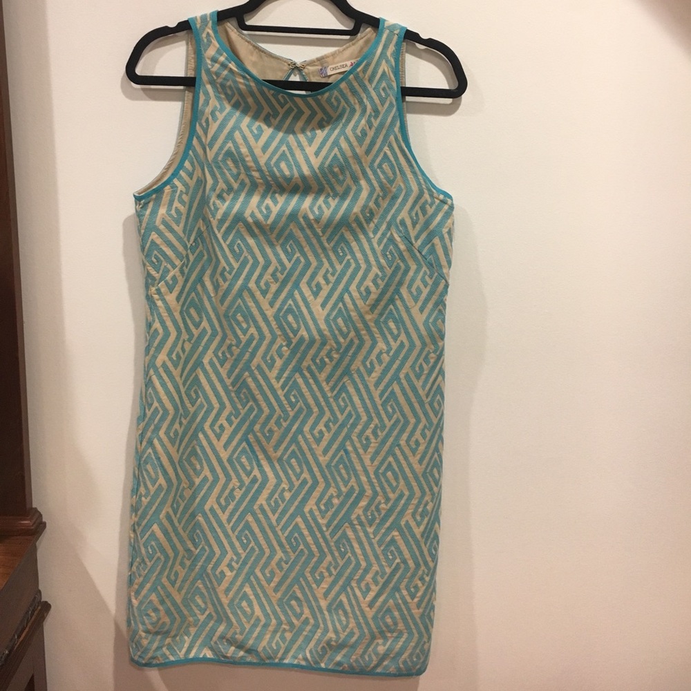 Aqua and beige shift dress