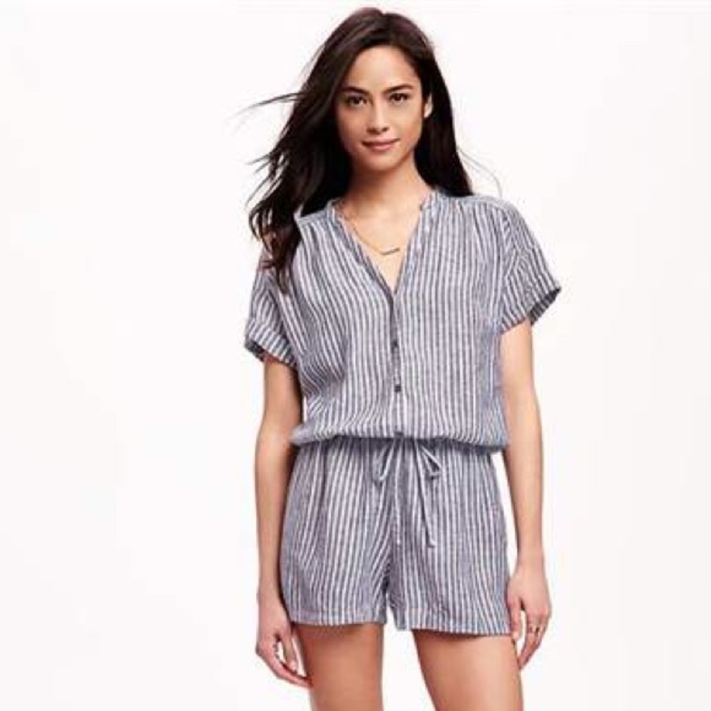 Navy Blue & White Striped Romper