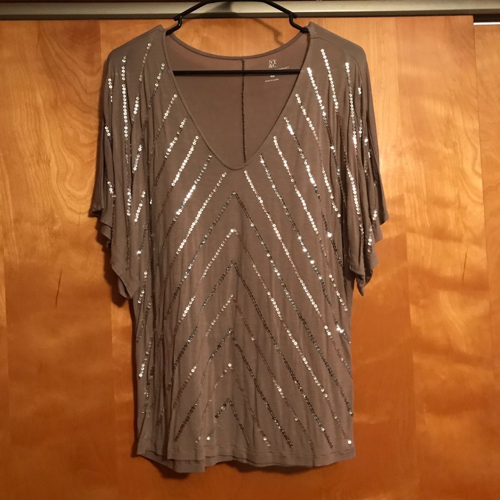 NY & Co. dolman style batwing tan/taupe sequin top