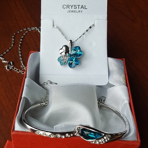 Teal blue zirconia silver necklace & bracelet set - Picture 2 of 8